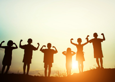 silhouette of a happy children and happy time with sunset.