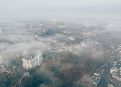 Aerial view of the city in the fog