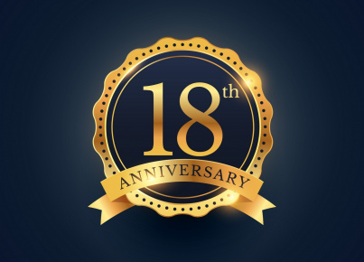 18th anniversary celebration badge label in golden color