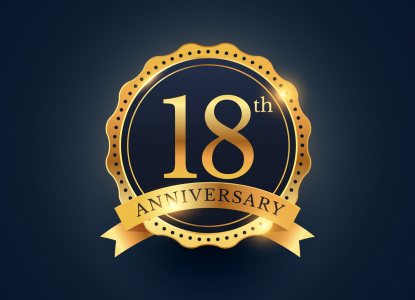 18th anniversary celebration badge label in golden color